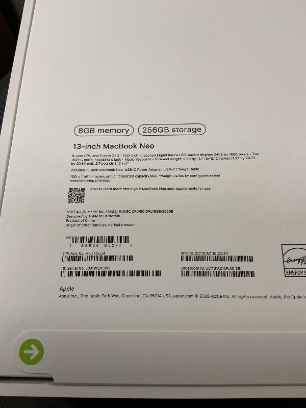 Photo 1 of Apple 2026 MacBook Neo 13-inch Laptop with A18 Pro chip: Built for AI and Apple Intelligence, Liquid Retina Display, 8GB Unified Memory, 256GB SSD Storage, 1080p FaceTime HD Camera; Indigo