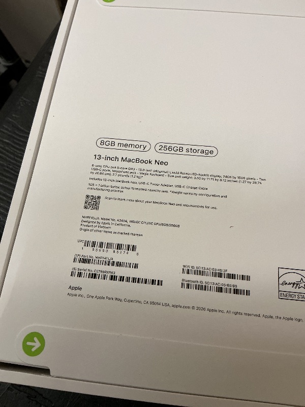 Photo 1 of Apple 2026 MacBook Neo 13-inch Laptop with A18 Pro chip: Built for AI and Apple Intelligence, Liquid Retina Display, 8GB Unified Memory, 256GB SSD Storage, 1080p FaceTime HD Camera; Indigo