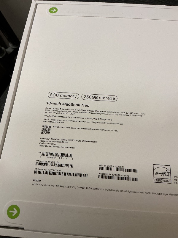 Photo 1 of Apple 2026 MacBook Neo 13-inch Laptop with A18 Pro chip: Built for AI and Apple Intelligence, Liquid Retina Display, 8GB Unified Memory, 256GB SSD Storage, 1080p FaceTime HD Camera; Indigo