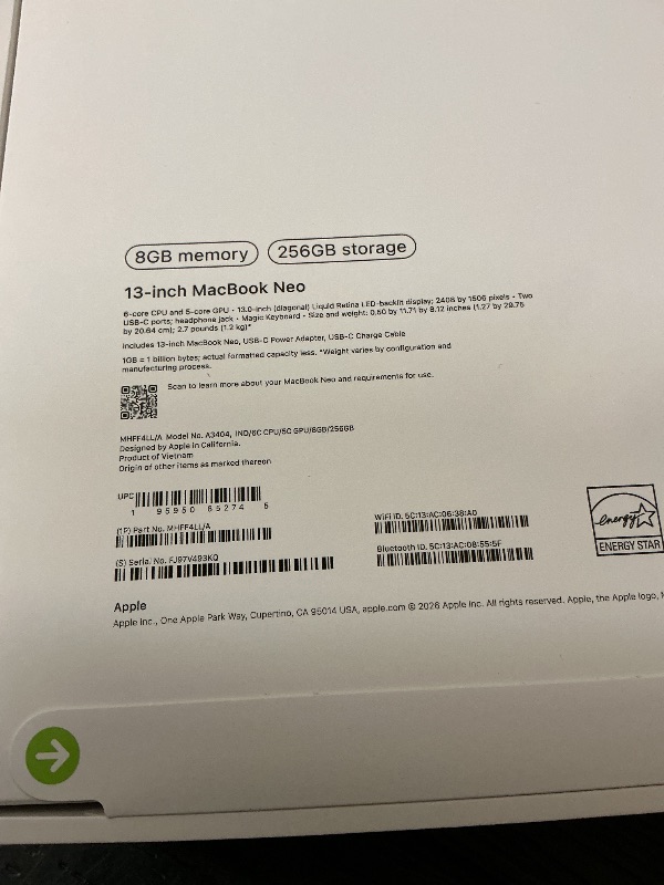 Photo 1 of Apple 2026 MacBook Neo 13-inch Laptop with A18 Pro chip: Built for AI and Apple Intelligence, Liquid Retina Display, 8GB Unified Memory, 256GB SSD Storage, 1080p FaceTime HD Camera; Indigo