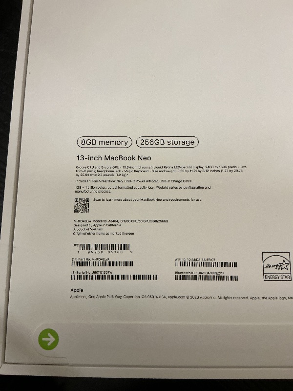 Photo 1 of Apple 2026 MacBook Neo 13-inch Laptop with A18 Pro chip: Built for AI and Apple Intelligence, Liquid Retina Display, 8GB Unified Memory, 256GB SSD Storage, 1080p FaceTime HD Camera; Citrus