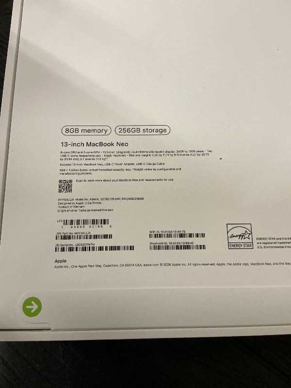 Photo 1 of Apple 2026 MacBook Neo 13-inch Laptop with A18 Pro chip: Built for AI and Apple Intelligence, Liquid Retina Display, 8GB Unified Memory, 256GB SSD Storage, 1080p FaceTime HD Camera; Citrus