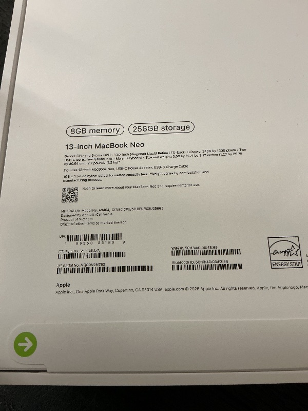 Photo 1 of Apple 2026 MacBook Neo 13-inch Laptop with A18 Pro chip: Built for AI and Apple Intelligence, Liquid Retina Display, 8GB Unified Memory, 256GB SSD Storage, 1080p FaceTime HD Camera; Citrus