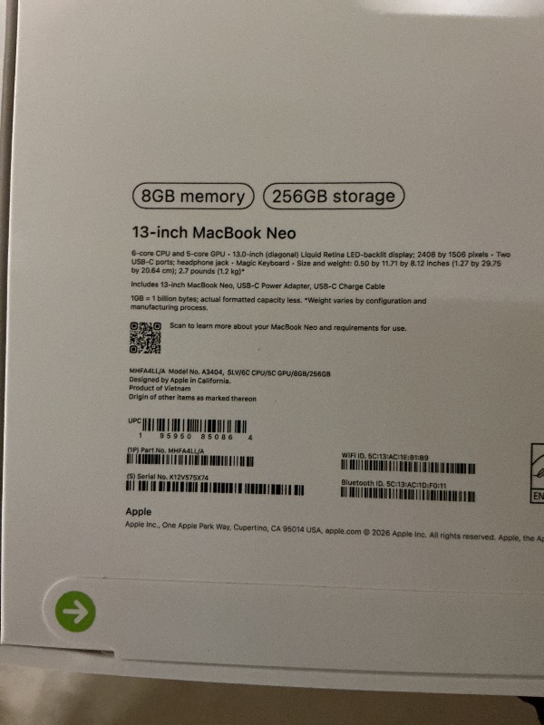 Photo 1 of Apple 2026 MacBook Neo 13-inch Laptop with A18 Pro chip: Built for AI and Apple Intelligence, Liquid Retina Display, 8GB Unified Memory, 256GB SSD Storage, 1080p FaceTime HD Camera; Silver