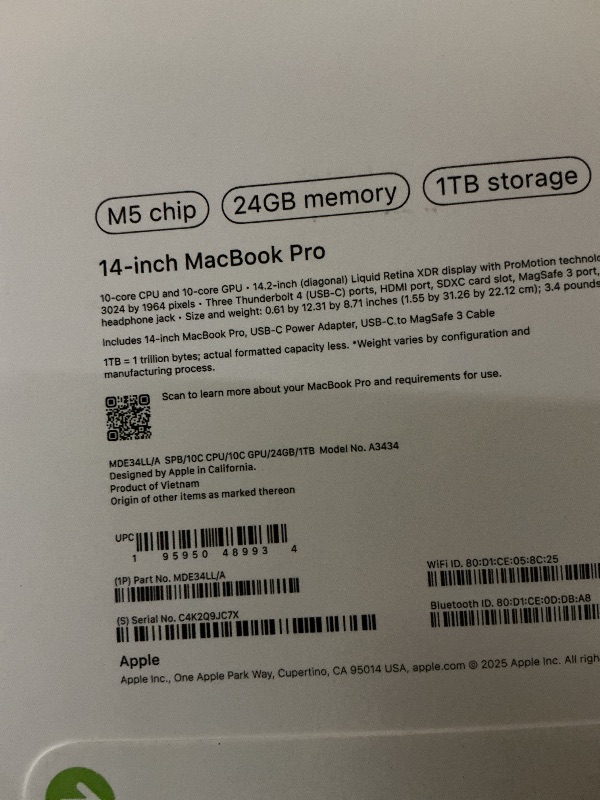 Photo 1 of Apple 2025 MacBook Pro Laptop with Apple M5 chip with 10?core CPU and 10?core GPU: Built for AI, 14.2-inch Liquid Retina XDR Display, 24GB Unified Memory, 1TB SSD Storage; Space Black