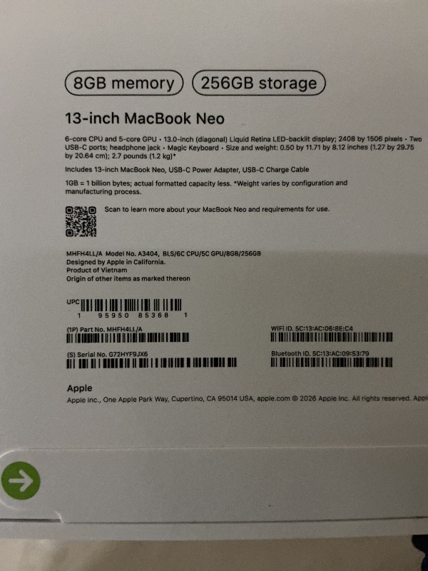 Photo 1 of Apple 2026 MacBook Neo 13-inch Laptop with A18 Pro chip: Built for AI and Apple Intelligence, Liquid Retina Display, 8GB Unified Memory, 256GB SSD Storage, 1080p FaceTime HD Camera; Blush