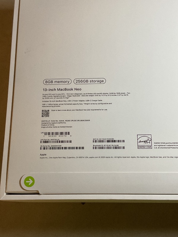 Photo 1 of FACTORY SEALED
Apple 2026 MacBook Neo 13-inch Laptop with A18 Pro chip: Built for AI and Apple Intelligence, Liquid Retina Display, 8GB Unified Memory, 256GB SSD Storage, 1080p FaceTime HD Camera; Indigo