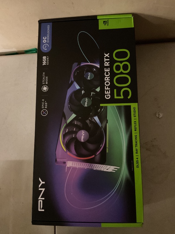 Photo 1 of PNY NVIDIA GeForce RTX™ 5080 Epic-X™ ARGB OC Triple Fan, Graphics Card (16GB GDDR7, 256-bit, Boost Speed: 2775 MHz, PCIe® 5.0, HDMI®/DP 2.1, 2.99-Slot, NVIDIA Blackwell Architecture, DLSS 4)