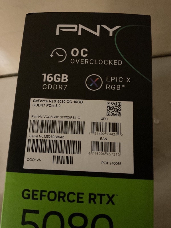 Photo 1 of PNY NVIDIA GeForce RTX™ 5080 Epic-X™ ARGB OC Triple Fan, Graphics Card (16GB GDDR7, 256-bit, Boost Speed: 2775 MHz, PCIe® 5.0, HDMI®/DP 2.1, 2.99-Slot, NVIDIA Blackwell Architecture, DLSS 4)