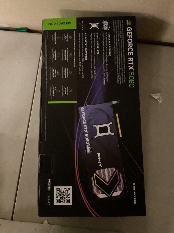 Photo 1 of PNY NVIDIA GeForce RTX™ 5080 Epic-X™ ARGB OC Triple Fan, Graphics Card (16GB GDDR7, 256-bit, Boost Speed: 2775 MHz, PCIe® 5.0, HDMI®/DP 2.1, 2.99-Slot, NVIDIA Blackwell Architecture, DLSS 4)