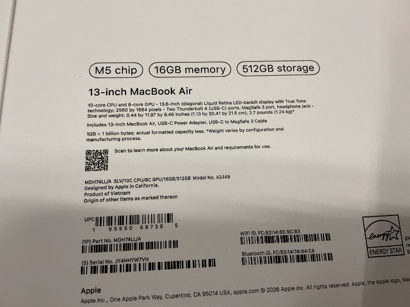 Photo 1 of Apple 2026 MacBook Air 13-inch Laptop with M5 chip: Built for AI, 13.6-inch Liquid Retina Display, 16GB Unified Memory, 512GB SSD, 12MP Center Stage Camera, Touch ID, Wi-Fi 7; Silver
