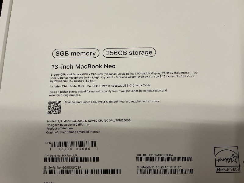 Photo 1 of Apple 2026 MacBook Neo 13-inch Laptop with A18 Pro chip: Built for AI and Apple Intelligence, Liquid Retina Display, 8GB Unified Memory, 256GB SSD Storage, 1080p FaceTime HD Camera; Silver