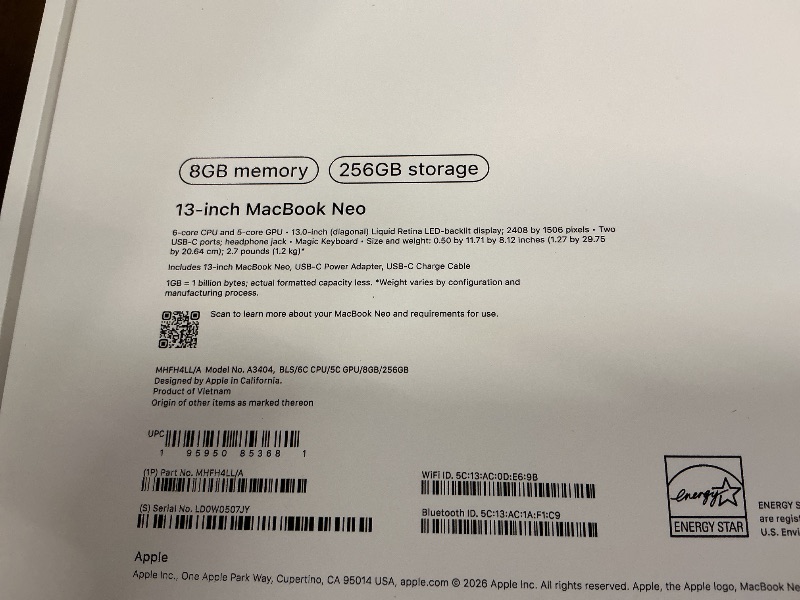Photo 1 of Apple 2026 MacBook Neo 13-inch Laptop with A18 Pro chip: Built for AI and Apple Intelligence, Liquid Retina Display, 8GB Unified Memory, 256GB SSD Storage, 1080p FaceTime HD Camera; Blush