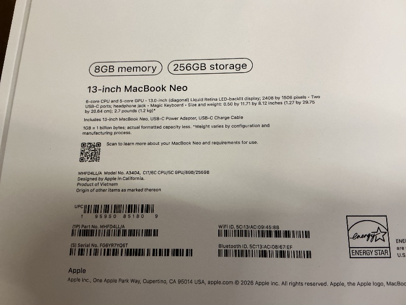 Photo 1 of Apple 2026 MacBook Neo 13-inch Laptop with A18 Pro chip: Built for AI and Apple Intelligence, Liquid Retina Display, 8GB Unified Memory, 256GB SSD Storage, 1080p FaceTime HD Camera; Citrus