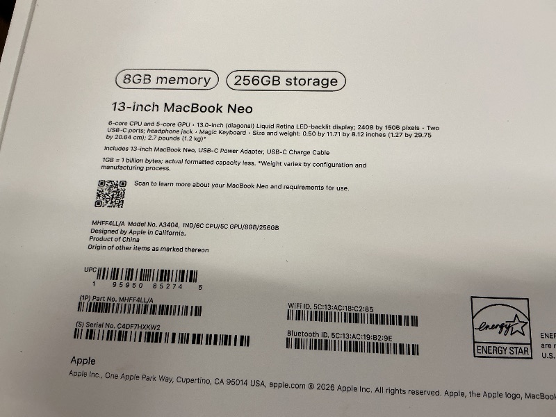 Photo 1 of Apple 2026 MacBook Neo 13-inch Laptop with A18 Pro chip: Built for AI and Apple Intelligence, Liquid Retina Display, 8GB Unified Memory, 256GB SSD Storage, 1080p FaceTime HD Camera; Indigo
