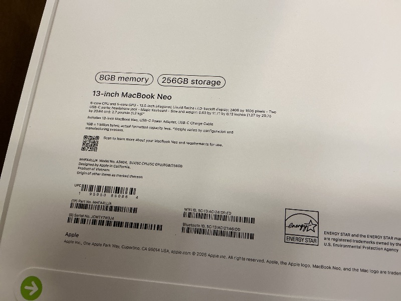 Photo 1 of Apple 2026 MacBook Neo 13-inch Laptop with A18 Pro chip: Built for AI and Apple Intelligence, Liquid Retina Display, 8GB Unified Memory, 256GB SSD Storage, 1080p FaceTime HD Camera; Silver