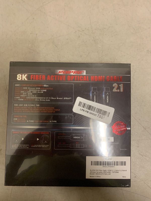 Photo 1 of RUIPRO 8K HDMI Fiber Optic Cable CL2 Rated 15 Feet 48Gbps 8K60Hz 4K120Hz Dynamic HDR eARC HDCP2.2/2.3 for RTX4080/4090/3080/3090, Xbox S/X, PS5/4, AVR, Projector, LG/Samsung/Sony TV