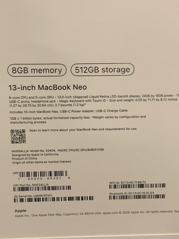 Photo 1 of Apple 2026 MacBook Neo 13-inch Laptop with A18 Pro chip: Built for AI and Apple Intelligence, Liquid Retina Display, 8GB Unified Memory, 512GB SSD Storage, 1080p FaceTime HD Camera, Touch ID; Indigo
