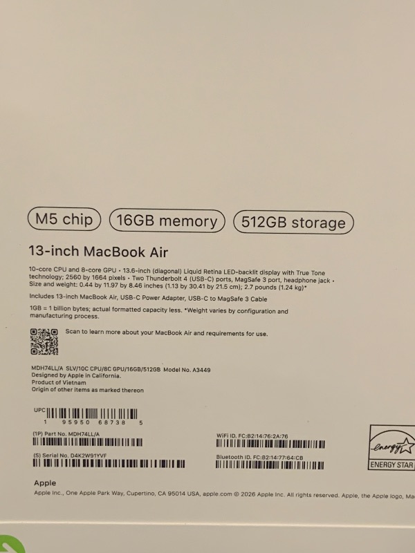 Photo 1 of Apple 2026 MacBook Air 13-inch Laptop with M5 chip: Built for AI, 13.6-inch Liquid Retina Display, 16GB Unified Memory, 512GB SSD, 12MP Center Stage Camera, Touch ID, Wi-Fi 7; Silver