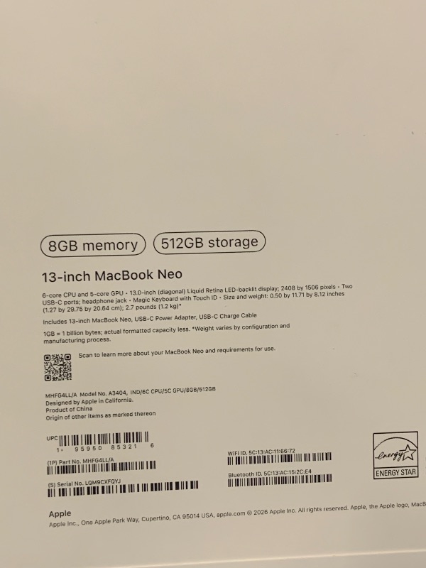 Photo 1 of Apple 2026 MacBook Neo 13-inch Laptop with A18 Pro chip: Built for AI and Apple Intelligence, Liquid Retina Display, 8GB Unified Memory, 512GB SSD Storage, 1080p FaceTime HD Camera, Touch ID; Indigo