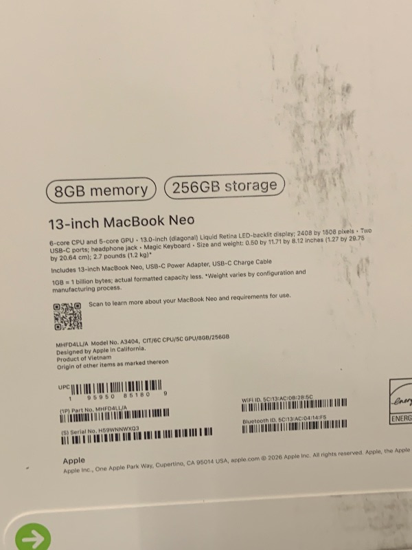 Photo 1 of Apple 2026 MacBook Neo 13-inch Laptop with A18 Pro chip: Built for AI and Apple Intelligence, Liquid Retina Display, 8GB Unified Memory, 256GB SSD Storage, 1080p FaceTime HD Camera; Citrus
