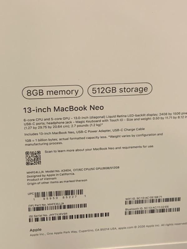 Photo 1 of Apple 2026 MacBook Neo 13-inch Laptop with A18 Pro chip: Built for AI and Apple Intelligence, Liquid Retina Display, 8GB Unified Memory, 512GB SSD Storage, 1080p FaceTime HD Camera, Touch ID; Citrus