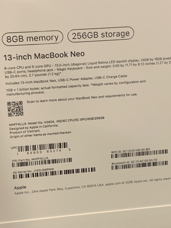 Photo 1 of Apple 2026 MacBook Neo 13-inch Laptop with A18 Pro chip: Built for AI and Apple Intelligence, Liquid Retina Display, 8GB Unified Memory, 256GB SSD Storage, 1080p FaceTime HD Camera; Indigo