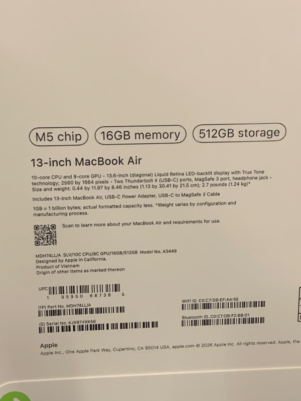 Photo 1 of Apple 2026 MacBook Air 13-inch Laptop with M5 chip: Built for AI, 13.6-inch Liquid Retina Display, 16GB Unified Memory, 512GB SSD, 12MP Center Stage Camera, Touch ID, Wi-Fi 7; Silver