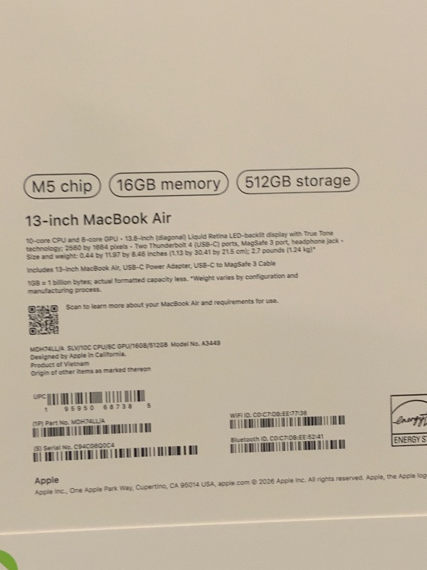 Photo 1 of Apple 2026 MacBook Air 13-inch Laptop with M5 chip: Built for AI, 13.6-inch Liquid Retina Display, 16GB Unified Memory, 512GB SSD, 12MP Center Stage Camera, Touch ID, Wi-Fi 7; Silver