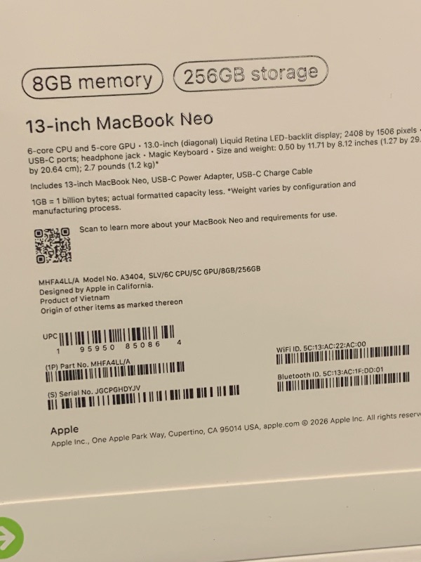 Photo 1 of Apple 2026 MacBook Neo 13-inch Laptop with A18 Pro chip: Built for AI and Apple Intelligence, Liquid Retina Display, 8GB Unified Memory, 256GB SSD Storage, 1080p FaceTime HD Camera; Silver