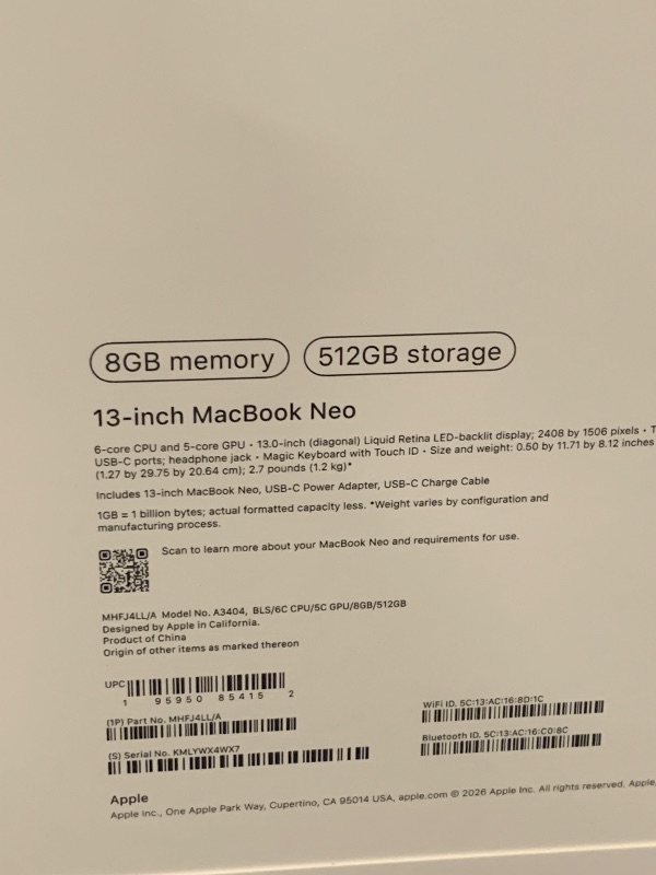 Photo 1 of Apple 2026 MacBook Neo 13-inch Laptop with A18 Pro chip: Built for AI and Apple Intelligence, Liquid Retina Display, 8GB Unified Memory, 512GB SSD Storage, 1080p FaceTime HD Camera, Touch ID; Blush