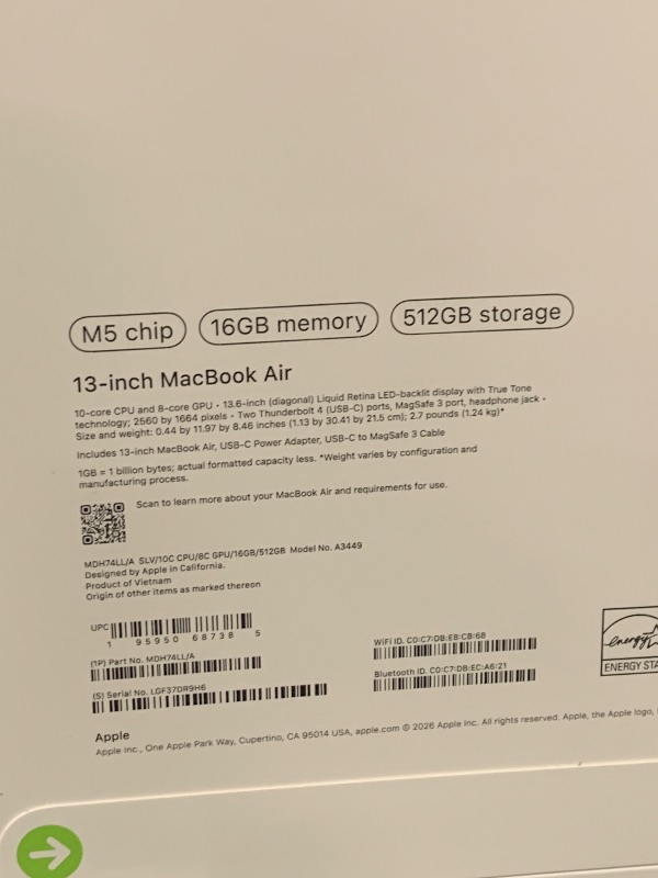 Photo 1 of Apple 2026 MacBook Air 13-inch Laptop with M5 chip: Built for AI, 13.6-inch Liquid Retina Display, 16GB Unified Memory, 512GB SSD, 12MP Center Stage Camera, Touch ID, Wi-Fi 7; Silver