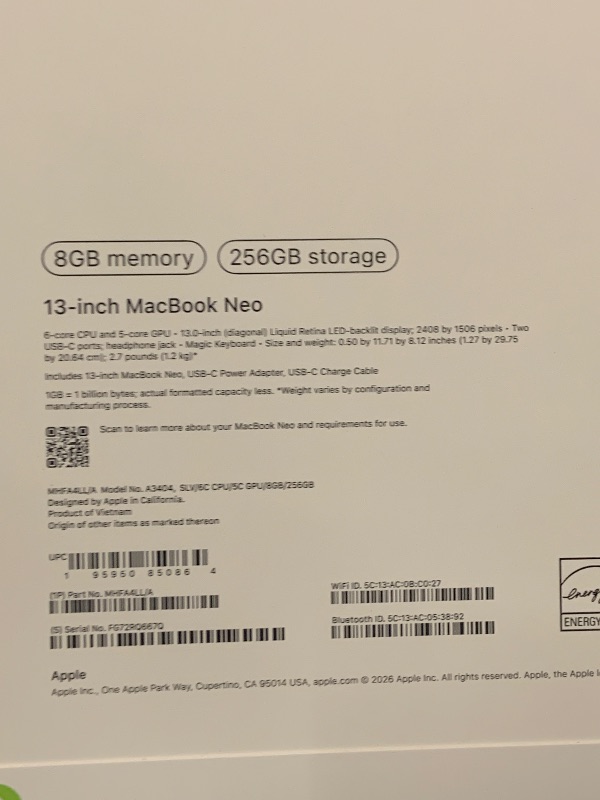 Photo 1 of Apple 2026 MacBook Neo 13-inch Laptop with A18 Pro chip: Built for AI and Apple Intelligence, Liquid Retina Display, 8GB Unified Memory, 256GB SSD Storage, 1080p FaceTime HD Camera; Silver