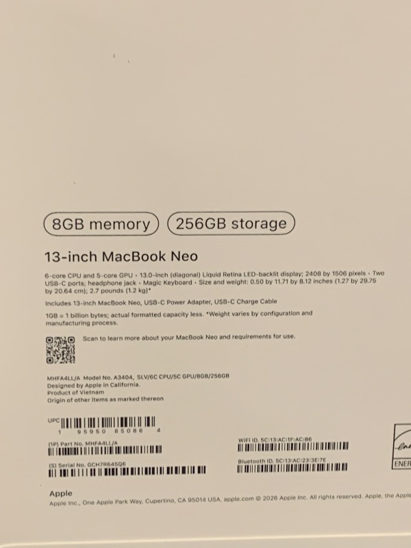 Photo 1 of Apple 2026 MacBook Neo 13-inch Laptop with A18 Pro chip: Built for AI and Apple Intelligence, Liquid Retina Display, 8GB Unified Memory, 256GB SSD Storage, 1080p FaceTime HD Camera; Silver
