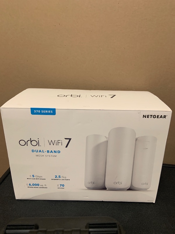 Photo 1 of NETGEAR Orbi 370 Series Dual-Band WiFi 7 Mesh System for Home (RBE373) – Wireless Router (no Modem) + 2 Extenders, Security Features, 5 Gbps, Covers 6,000 sq.ft., 70 Devices, 2.5GB Port, BE5000
