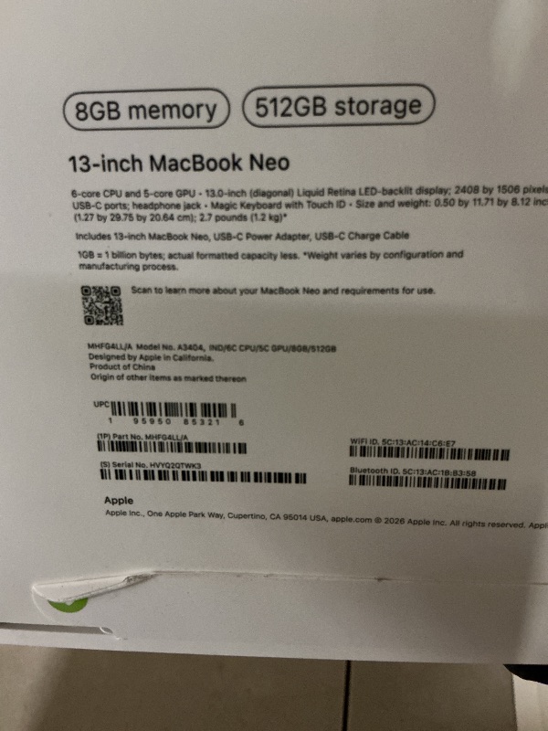 Photo 1 of Apple 2026 MacBook Neo 13-inch Laptop with A18 Pro chip: Built for AI and Apple Intelligence, Liquid Retina Display, 8GB Unified Memory, 512GB SSD Storage, 1080p FaceTime HD Camera, Touch ID; Indigo