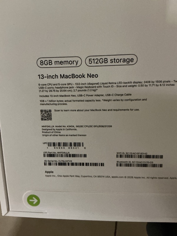 Photo 1 of Apple 2026 MacBook Neo 13-inch Laptop with A18 Pro chip: Built for AI and Apple Intelligence, Liquid Retina Display, 8GB Unified Memory, 512GB SSD Storage, 1080p FaceTime HD Camera, Touch ID; Indigo