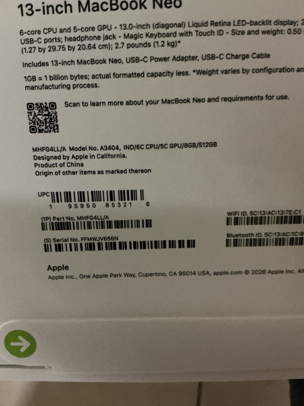 Photo 1 of Apple 2026 MacBook Neo 13-inch Laptop with A18 Pro chip: Built for AI and Apple Intelligence, Liquid Retina Display, 8GB Unified Memory, 512GB SSD Storage, 1080p FaceTime HD Camera, Touch ID; Indigo