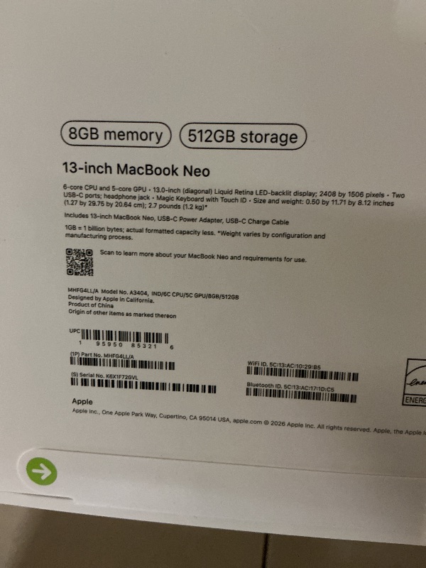 Photo 1 of Apple 2026 MacBook Neo 13-inch Laptop with A18 Pro chip: Built for AI and Apple Intelligence, Liquid Retina Display, 8GB Unified Memory, 512GB SSD Storage, 1080p FaceTime HD Camera, Touch ID; Indigo