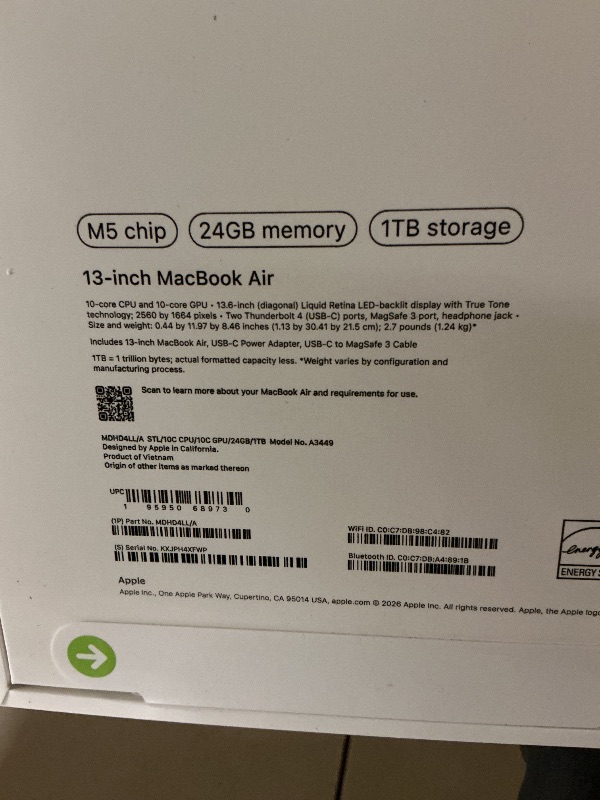Photo 1 of Apple 2026 MacBook Air 13-inch Laptop with M5 chip: Built for AI, 13.6-inch Liquid Retina Display, 24GB Unified Memory, 1TB SSD, 12MP Center Stage Camera, Touch ID, Wi-Fi 7; Starlight