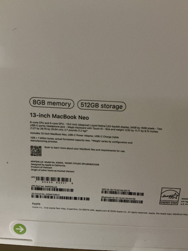 Photo 1 of Apple 2026 MacBook Neo 13-inch Laptop with A18 Pro chip: Built for AI and Apple Intelligence, Liquid Retina Display, 8GB Unified Memory, 512GB SSD Storage, 1080p FaceTime HD Camera, Touch ID; Indigo