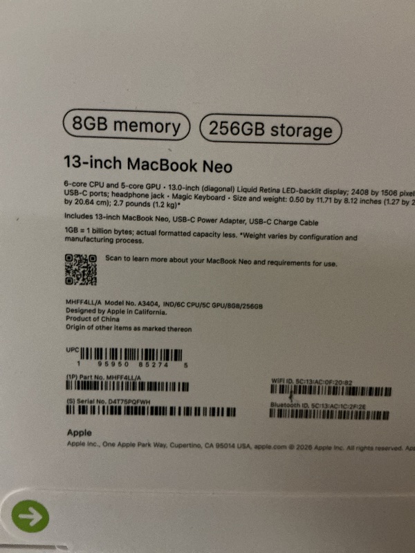 Photo 1 of Apple 2026 MacBook Neo 13-inch Laptop with A18 Pro chip: Built for AI and Apple Intelligence, Liquid Retina Display, 8GB Unified Memory, 256GB SSD Storage, 1080p FaceTime HD Camera; Indigo