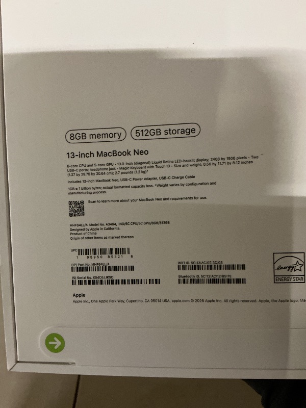 Photo 1 of Apple 2026 MacBook Neo 13-inch Laptop with A18 Pro chip: Built for AI and Apple Intelligence, Liquid Retina Display, 8GB Unified Memory, 512GB SSD Storage, 1080p FaceTime HD Camera, Touch ID; Indigo