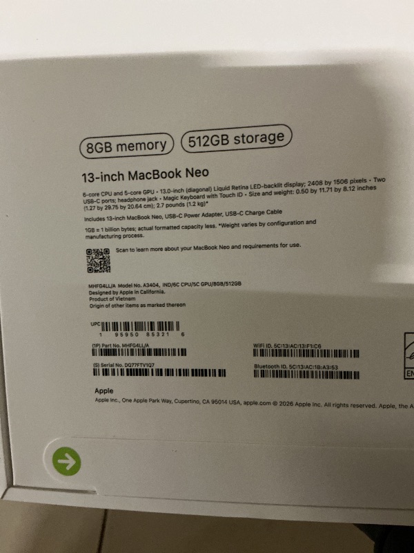 Photo 1 of Apple 2026 MacBook Neo 13-inch Laptop with A18 Pro chip: Built for AI and Apple Intelligence, Liquid Retina Display, 8GB Unified Memory, 512GB SSD Storage, 1080p FaceTime HD Camera, Touch ID; Indigo