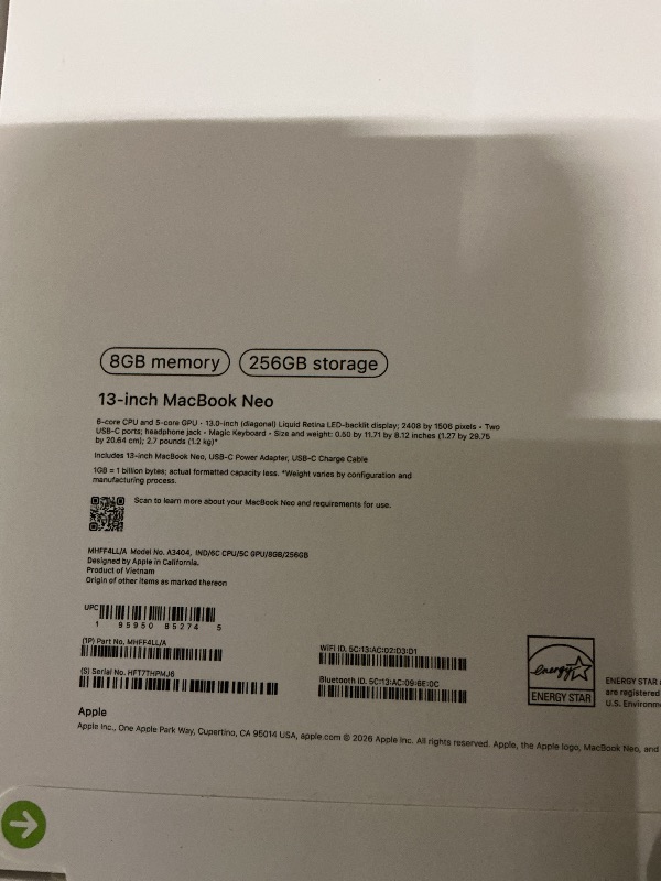 Photo 1 of Apple 2026 MacBook Neo 13-inch Laptop with A18 Pro chip: Built for AI and Apple Intelligence, Liquid Retina Display, 8GB Unified Memory, 256GB SSD Storage, 1080p FaceTime HD Camera; Indigo