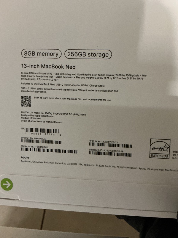 Photo 1 of Apple 2026 MacBook Neo 13-inch Laptop with A18 Pro chip: Built for AI and Apple Intelligence, Liquid Retina Display, 8GB Unified Memory, 256GB SSD Storage, 1080p FaceTime HD Camera; Citrus