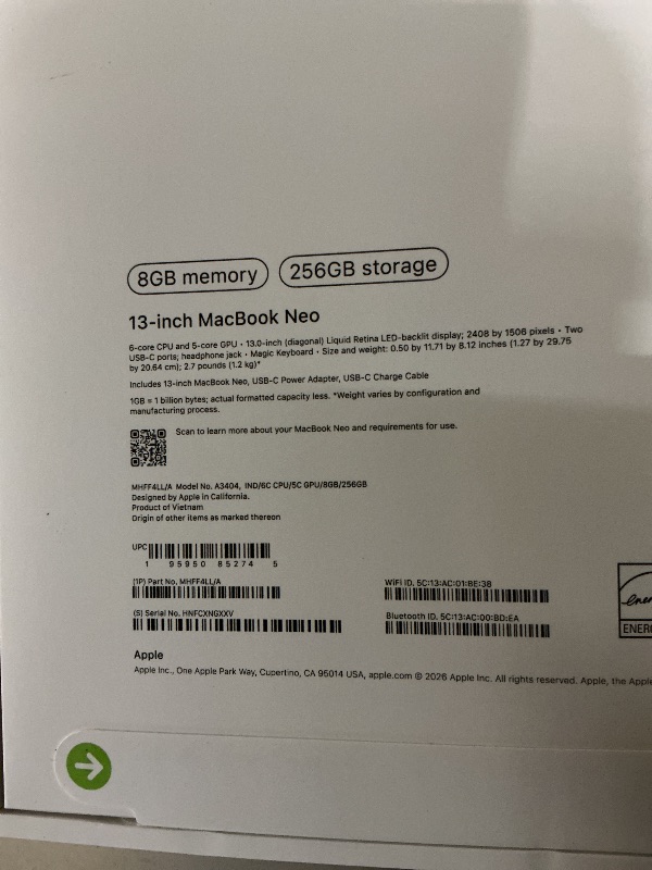 Photo 1 of Apple 2026 MacBook Neo 13-inch Laptop with A18 Pro chip: Built for AI and Apple Intelligence, Liquid Retina Display, 8GB Unified Memory, 256GB SSD Storage, 1080p FaceTime HD Camera; Indigo