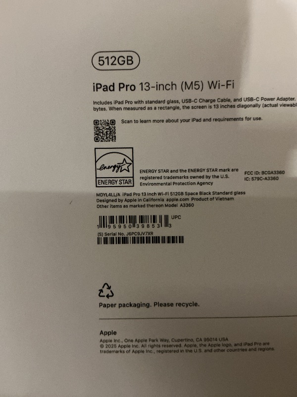 Photo 1 of Apple iPad Pro 13-inch (M5): Ultra Retina XDR Display, 512GB, Landscape 12MP Front Camera/12MP Back Camera, LiDAR Scanner, Wi-Fi 7 with Apple N1, Face ID, All-Day Battery Life — Space Black