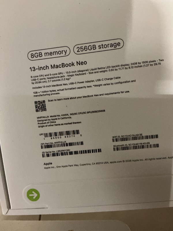 Photo 1 of Apple 2026 MacBook Neo 13-inch Laptop with A18 Pro chip: Built for AI and Apple Intelligence, Liquid Retina Display, 8GB Unified Memory, 256GB SSD Storage, 1080p FaceTime HD Camera; Indigo