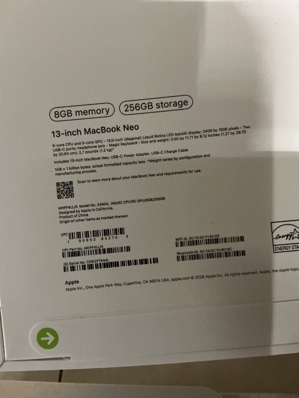 Photo 1 of Apple 2026 MacBook Neo 13-inch Laptop with A18 Pro chip: Built for AI and Apple Intelligence, Liquid Retina Display, 8GB Unified Memory, 256GB SSD Storage, 1080p FaceTime HD Camera; Indigo